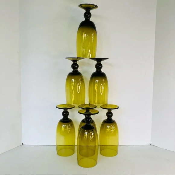 7 Olive Avocado Green Footed Vintage Tumblers Mid Century Glassware Barware